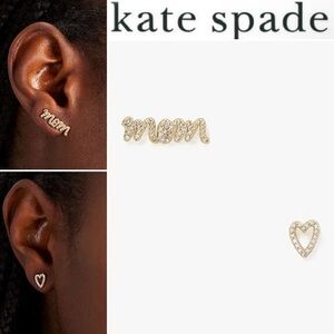 Kate Spade Love You, Mom Pavé Asymmetrical Studs Gold Earrings Set NWT